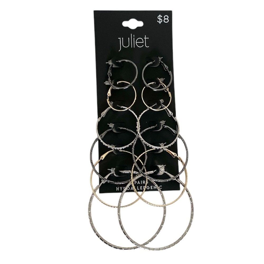 Juliet 6-Pairs of Gold and Silver Tone Hypoallergenic Hoop Earrings Set